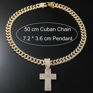 Macro view of gold Cuban chain and iced out cross pendant with 50cm size details