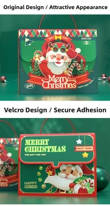 Detail of Christmas gift box featuring Velcro closure and cute Santa Claus illustration