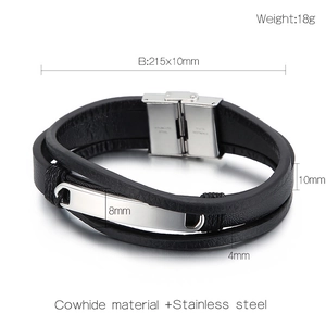 Detailed size and weight specifications for multilayer woven leather and steel bracelet