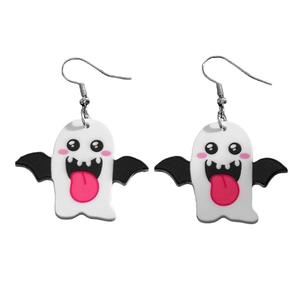 Close-up of cute Halloween acrylic ghost earrings with black wings and pink details