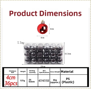 Detailed size chart showing 4cm Christmas balls and 23x7.7x11.3cm box dimensions