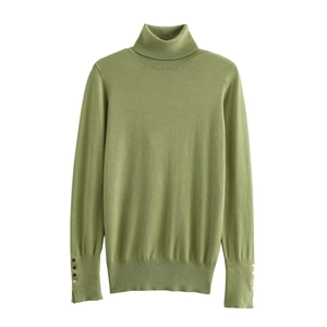 Grass green turtleneck knit sweater for women with decorative gold buttons on cuffs