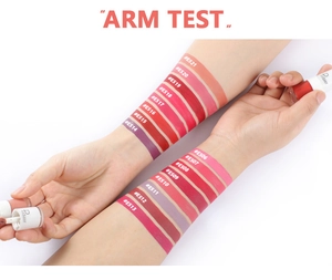 Arm test showing 16 shades of matte velvet liquid lipstick with high pigment finish