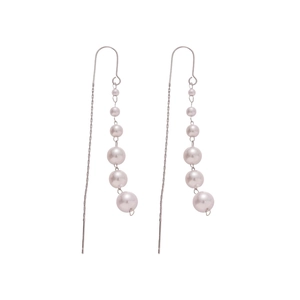 Elegant rose gold drop earrings with irregular pearls and silver chains on white background