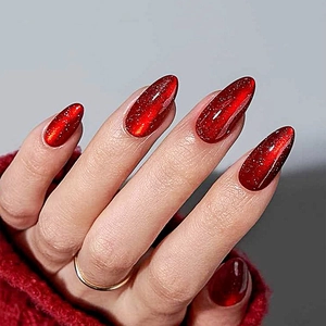 Rote Katzenauge Press On Nails Mandel Französischer Stil Schimmernde Abnehmbare Künstliche Nägel Mit Geleekleber Und Feile