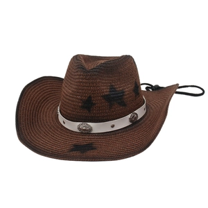 Brown woven cowboy straw hat with black star patterns and vintage decorative leather band