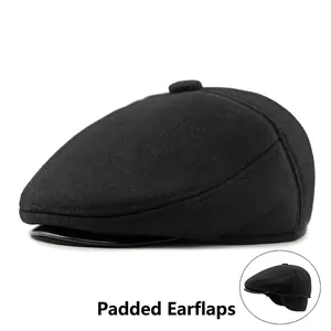 Men Flat Cap Winter Warm Ivy Hat With Ear Flaps Retro British Newsboy Style Polyester Felt Fleece Lined