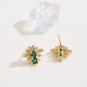 Sparkling gold honey bee stud earrings with green zircon and clear crystal wings