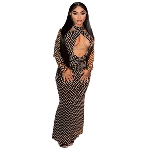 Robe midi à manches longues à imprimé rayures avec col licou ajouré et coupe moulante