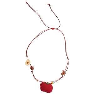 Handmade beaded necklace with red fabric apple pendant and vintage bohemian wooden beads