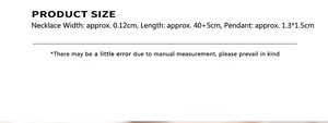 Detailed size chart showing dimensions for the square pendant and titanium gold necklace