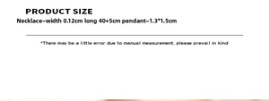 Detailed size chart showing dimensions for the square pendant and titanium gold necklace
