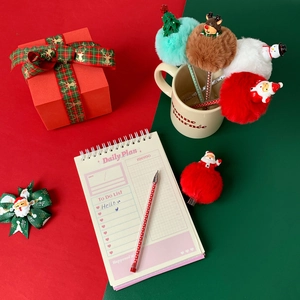 Vue détaillée du set de papeterie de Noël avec stylos à pompon et carnet Daily Plan