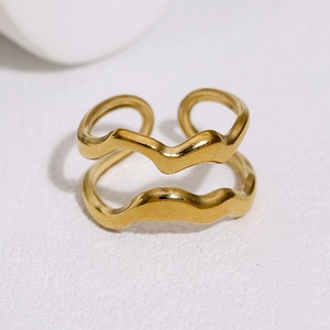 Minimalist double-layer wavy open ring for women in golden stainless steel with high polish