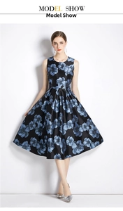 Detail of elegant sleeveless floral jacquard dress with vintage blue flower pattern