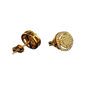 Hip hop style gold round stud earrings with micro paved cubic zirconia stones