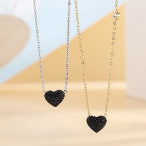 Collier Pendentif Cœur Acier Inoxydable Strass Noirs Incrustés Bijoux Minimalistes Pour Femmes Tenue Quotidienne Cadeau D'Anniversaire