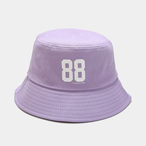 Detailed close-up of light purple cotton bucket hat featuring white 88 graphic print