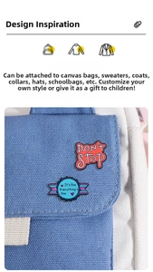 Detail of red and blue enamel letter pins attached to a blue canvas backpack