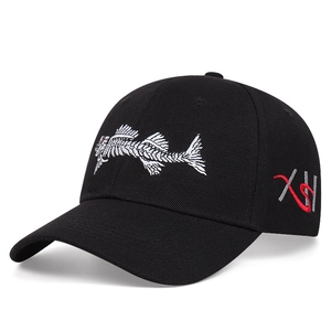 Black cotton baseball cap with white fishbone embroidery and curved brim from 45-degree angle