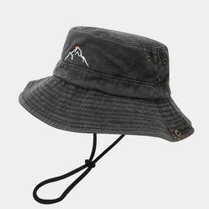 Charcoal washed cotton sun hat with mountain embroidery and adjustable wind cord