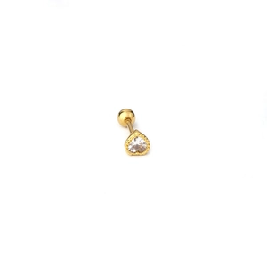 Macro detail of gold heart stud earring featuring clear cubic zirconia and screw back ball