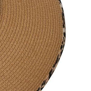 Detail of hand-woven straw sun hat brim featuring a stylish leopard print fabric trim