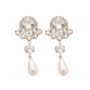 Elegant silver flower earrings with crystals and white teardrop pearl drops on white background