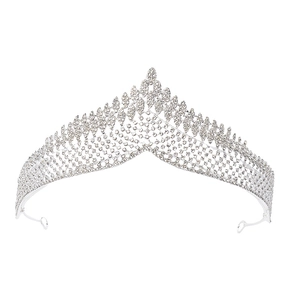 Elegant silver V-shaped bridal crown tiara with sparkling crystal rhinestones on white background