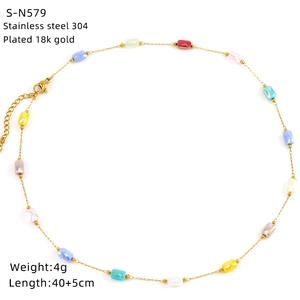 Detail of 18k gold plated stainless steel necklace with multi-color beads and sizing data