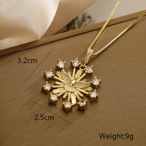 Detailed view of gold-plated angel pendant necklace with dimensions 3.2cm by 2.5cm