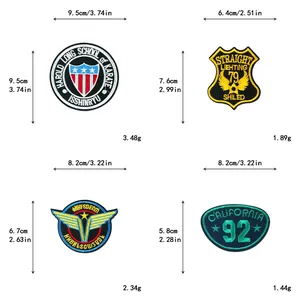 Detailed size and weight specifications for four embroidered military style patches