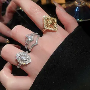 Retro Court Hollow Flower Open Ring Copper Cubic Zirconia Crown Marquise V-shape Adjustable Elegant Luxury Jewelry Women