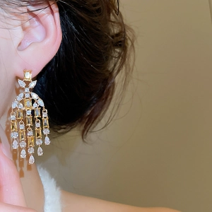 Macro side view of long tassel earrings with champagne cubic zirconia stones