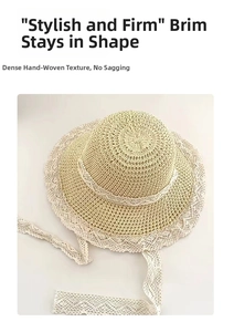 Macro detail of hand-woven straw hat with intricate white lace trim and ties