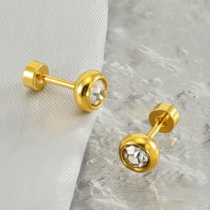 Minimalist gold-plated stainless steel stud earrings with round cubic zirconia stones