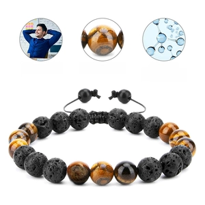 8mm natural tiger eye and black lava stone beaded energy therapy bracelet with adjustable cord