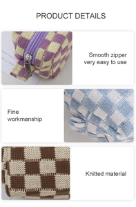 Detail view of smooth zipper and fine workmanship on checkered knitted pencil case