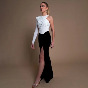 One-Shoulder-Maxikleid Mit Langen Ärmeln Farblock Hoher Schlitz Elegant Schlank Abendparty-Kleid Für Damen