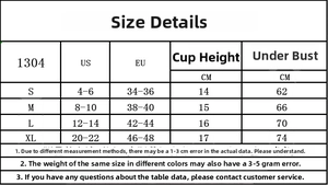 Size chart showing cup height and underbust measurements for lace embroidered bras