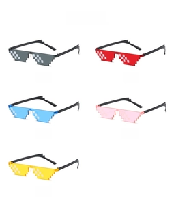 Matrix display of pixelated mosaic sunglasses in gray, red, blue, pink, and yellow lenses