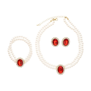 Three-piece luxury pearl jewelry set with red oval rhinestones and golden plating