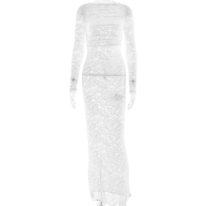 Sexy slim fit white lace long sleeve maxi dress with backless sheer design