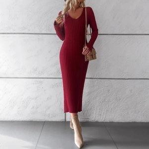 Robe Maxi En Tricot À Côtes Pour Femmes Col En V Manches Longues Coupe Ajustée Couleur Unie Élégante Automne Hiver