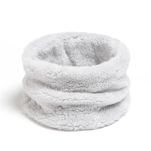 Close-up of soft white coral fleece winter neck warmer with plush ribbed texture