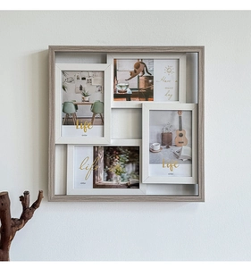 Wall-mounted wood photo frame collage for four 4x6 inch photos with natural grain finish