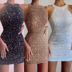 Chic halter neck sequin mini dress shown in navy blue, champagne gold, and pearl white
