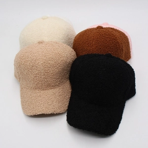 Detailed close-up of five colorful sherpa fleece baseball hats for autumn and winter warmth
