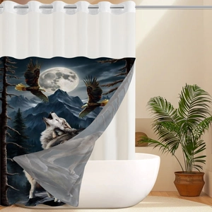 Wasserdichter doppellagiger Duschvorhang mit Wolf, Vollmond und Schneelangen-Motiv