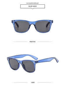 Detailed front and side views of square blue-gray sunglasses with gray lenses